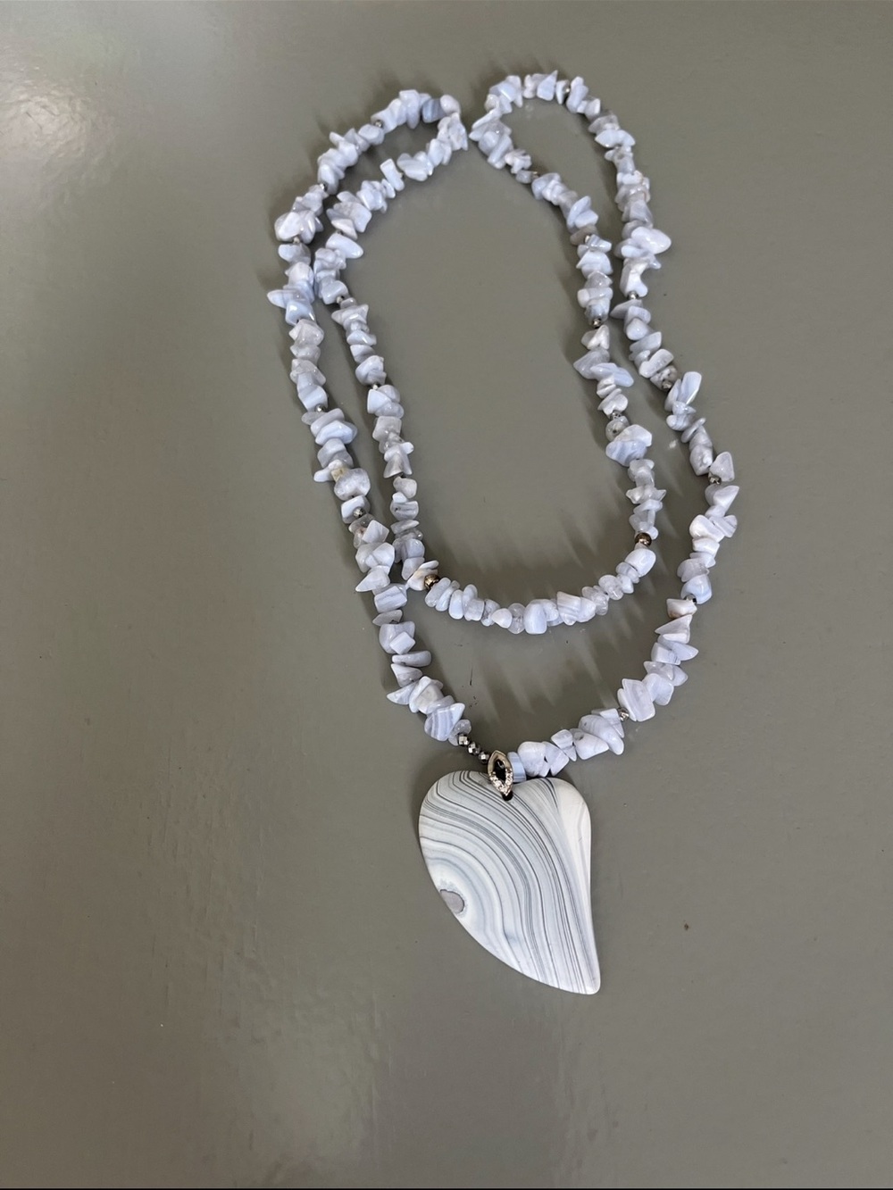 Natural stone Chalcedony Necklace Natural Stone Heart Pendant Silver Hematite.